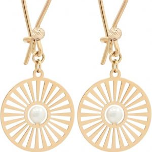 Boucles d’oreilles pendantes femme or jaune 18 carats – Design soleil ajouré avec perle centrale – Cadeau élégant livré avec boîte – Salia Gold Paris