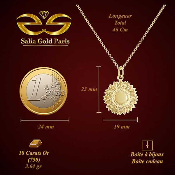 Salia Gold Paris Collier – or 18 Carats – 3.64 gr – design fleur de tournesol – Valeur refuge – Idée cadeau – poinçon 750 – Certificat d’authenticité - Image 4