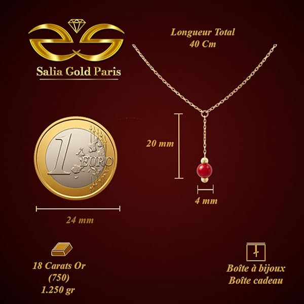 Collier – or 18 carats – 1.25 gr – perle corail rouge et sphères facettées – Valeur refuge – Idée cadeau – poinçon 750 – Certificat d’authenticité – Salia Gold Paris - Image 4