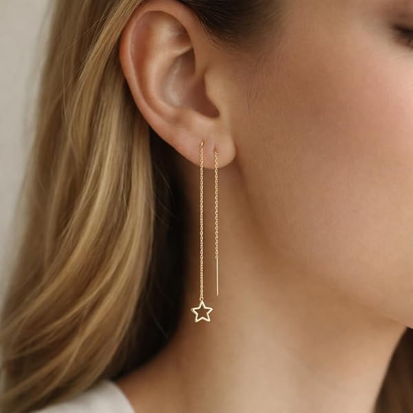 Boucles d'oreilles – or 18 carats – 0.85 gr – Pendante à chaîne longue avec étoile délicatement suspendue – Valeur refuge – Idée cadeau – certificat d’authenticité – Salia Gold Paris - Image 3