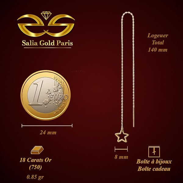 Boucles d'oreilles – or 18 carats – 0.85 gr – Pendante à chaîne longue avec étoile délicatement suspendue – Valeur refuge – Idée cadeau – certificat d’authenticité – Salia Gold Paris - Image 4