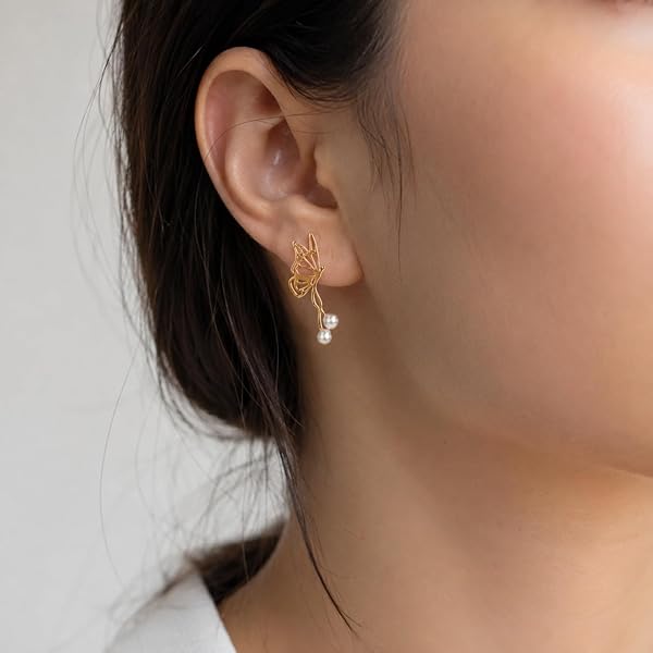 Boucles d’oreilles – or 18 carats – 1.15 gr – papillons dansants et gouttes de rosée perlées – Valeur refuge – Cadeau – poinçon 750 – Certificat d’authenticité – Salia Gold Paris - Image 4