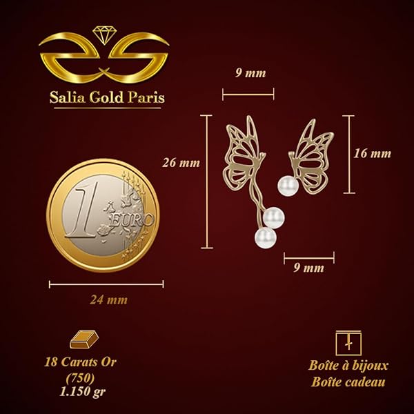 Boucles d’oreilles – or 18 carats – 1.15 gr – papillons dansants et gouttes de rosée perlées – Valeur refuge – Cadeau – poinçon 750 – Certificat d’authenticité – Salia Gold Paris - Image 5