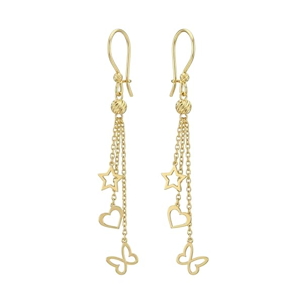 Boucles d'oreilles – or 18 carats – 1.95 gr – Triple rang à pampilles étoile, papillon et cœur – Valeur refuge – Idée cadeau – poinçon 750 – Certificat d’authenticité – Salia Gold Paris