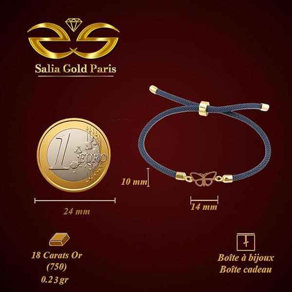 Bracelet Femme – or 18 carats – 0.23 gr – motif papillon ajouré, cordon bleu marine, design – Valeur refuge – Idée cadeau – poinçon 750 – Certificat d’authenticité – Salia Gold Paris - Image 4