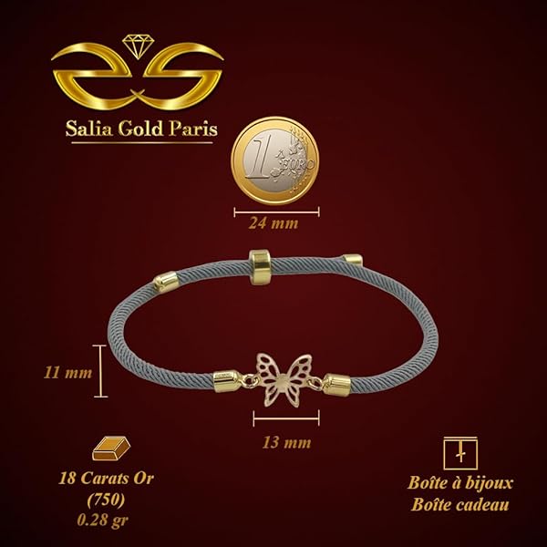 Bracelet Femme – or 18 carats – 0.28 gr – cordon textile avec plaque papillon délicat – Valeur refuge – Idée cadeau – poinçon 750 – Certificat d’authenticité – Salia Gold Paris - Image 4