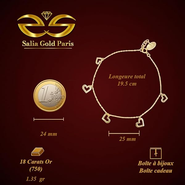 Bracelet Femme – or 18 carats – 1.35 gr – design élégant avec pendentifs cœurs délicats – symbole élégant – Valeur refuge – Idée cadeau – poinçon 750 – Certificat d’authenticité – Salia Gold Paris - Image 4