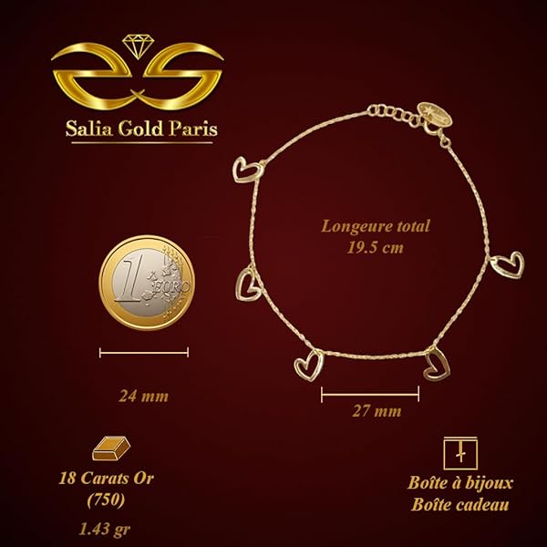 Bracelet Femme – or 18 carats – 1.43 gr – design fin et élégant avec pendentifs cœurs inclinés – Valeur refuge – Idée cadeau – poinçon 750 – Certificat d’authenticité – Salia Gold Paris - Image 4