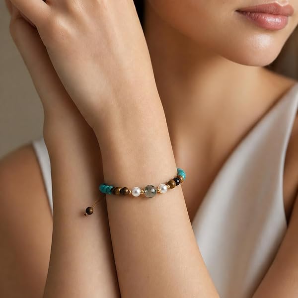 Bracelet – or 18 carats – 0.17 gr – Agates central, perles, œil de tigre, turquoise – Valeur refuge – Cadeau – poinçon 750 – Salia Gold Paris - Image 3