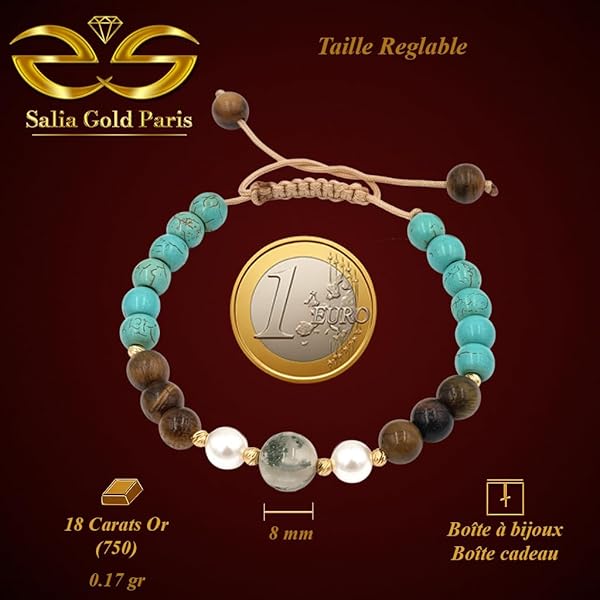Bracelet – or 18 carats – 0.17 gr – Agates central, perles, œil de tigre, turquoise – Valeur refuge – Cadeau – poinçon 750 – Salia Gold Paris - Image 4