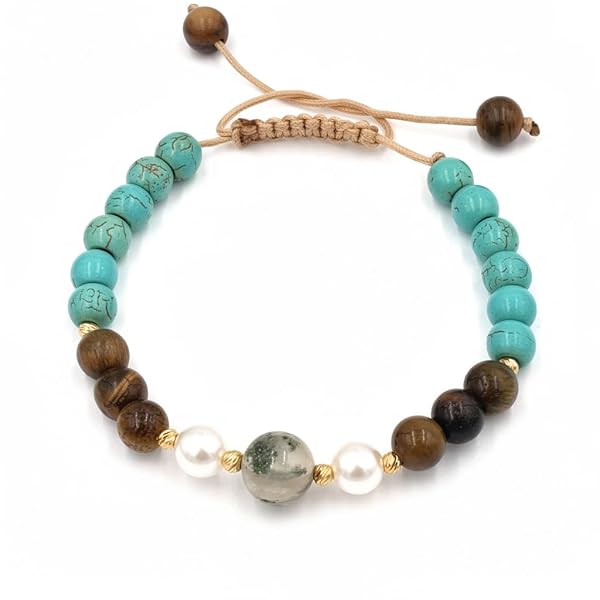 Bracelet – or 18 carats – 0.17 gr – Agates central, perles, œil de tigre, turquoise – Valeur refuge – Cadeau – poinçon 750 – Salia Gold Paris