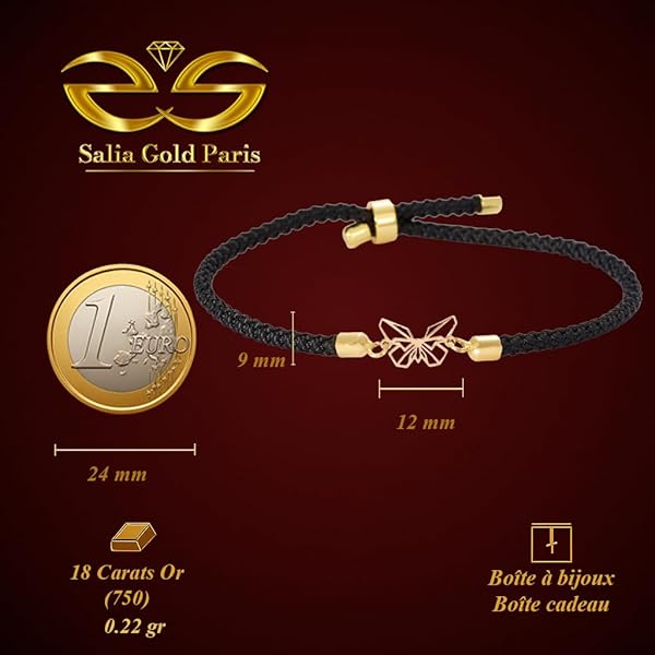 Bracelet – or 18 carats – 0.22 gr – design cordon noir tressé avec papillon délicat – symbole élégant – Valeur refuge – Idée cadeau – poinçon 750 – Certificat d’authenticité – Salia Gold Paris - Image 4