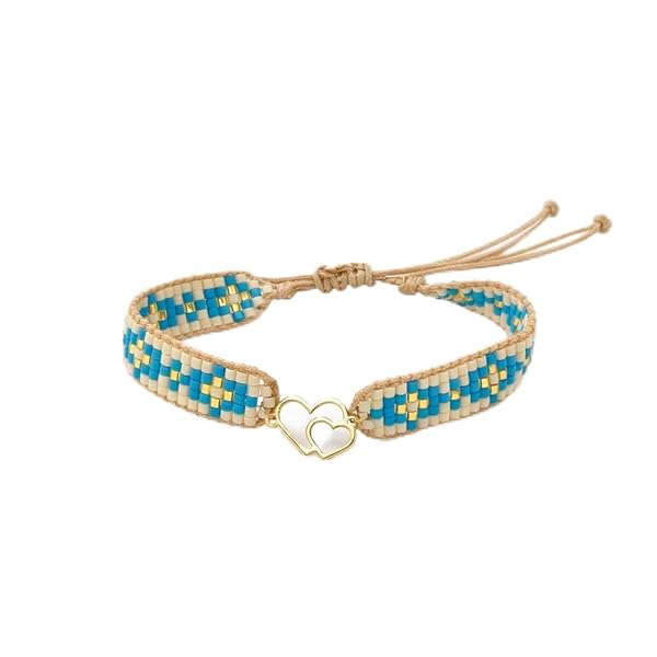 Bracelet – or 18 carats Anneau en Or – 0.30 gr – cordon tressé, perles bleu et ivoire, double cœur ajouré – Valeur refuge – Idée cadeau – poinçon 750 – Certificat d’authenticité – Salia Gold Paris