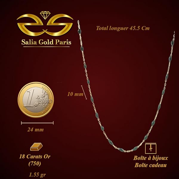 Collier Femme – or 18 carats – 1.55 gr – chaîne émaillée vert-gris, élégance – Valeur refuge – Idée cadeau – poinçon 750 – Certificat d’authenticité – Salia Gold Paris - Image 4