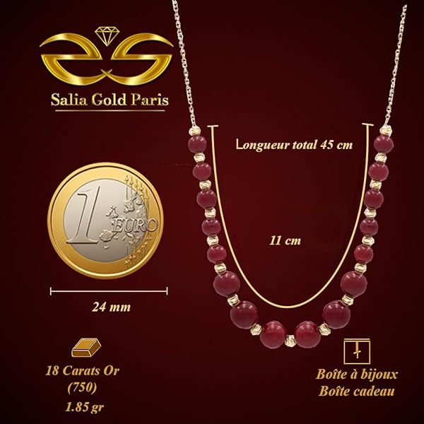 Collier Femme – or 18 carats – 1.85 gr – pierres rouges & perles dorées facettées, élégance – Valeur refuge – Idée cadeau – poinçon 750 – Certificat d’authenticité – Salia Gold Paris - Image 4