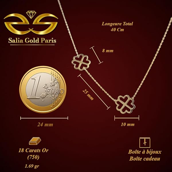 Collier – or 18 carats – 1.69 gr – deux fleurs quatre pétales en forme de cœur, élégance – Valeur refuge – Idée cadeau – poinçon 750 – Certificat d’authenticité – Salia Gold Paris - Image 4