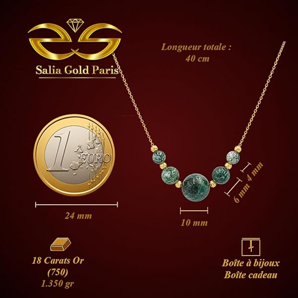 Collier – or 18 jaune carats – 1.350 gr – Agates verts foncés brillantes & boules en Or facettées – Valeur refuge – Cadeau – 750 – Certificat d’authenticité – Salia Gold Paris - Image 4