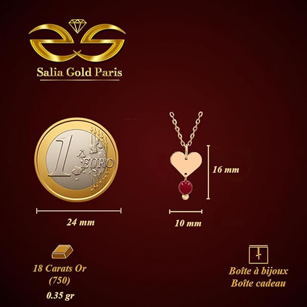 Pendentif Femme – or 18 carats – 0.35 gr – cœur, bijou léger avec perle rouge suspendue 16 mm – Valeur refuge – Idée cadeau – poinçon 750 – Certificat d’authenticité – Salia Gold Paris - Image 4
