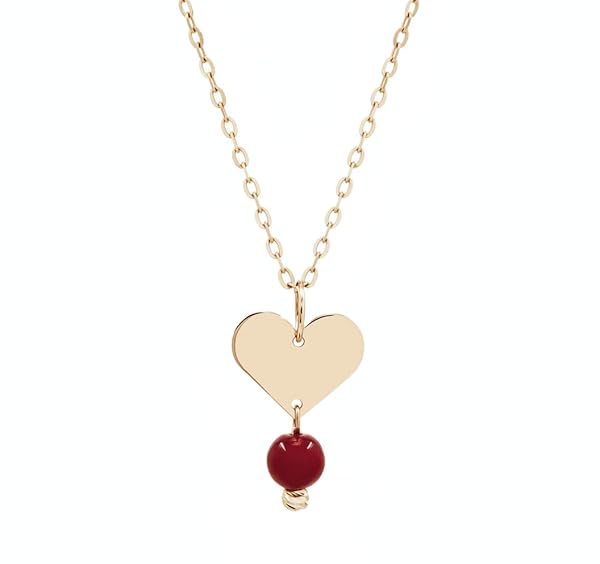 Pendentif Femme – or 18 carats – 0.35 gr – cœur, bijou léger avec perle rouge suspendue 16 mm – Valeur refuge – Idée cadeau – poinçon 750 – Certificat d’authenticité – Salia Gold Paris