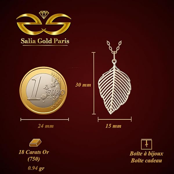 Pendentif – or 18 carats – 0.94 gr – design feuille, forme naturelle 30 x 15 mm – symbole élégant – Valeur refuge – Idée cadeau – poinçon 750 – Certificat d’authenticité – Salia Gold Paris - Image 4
