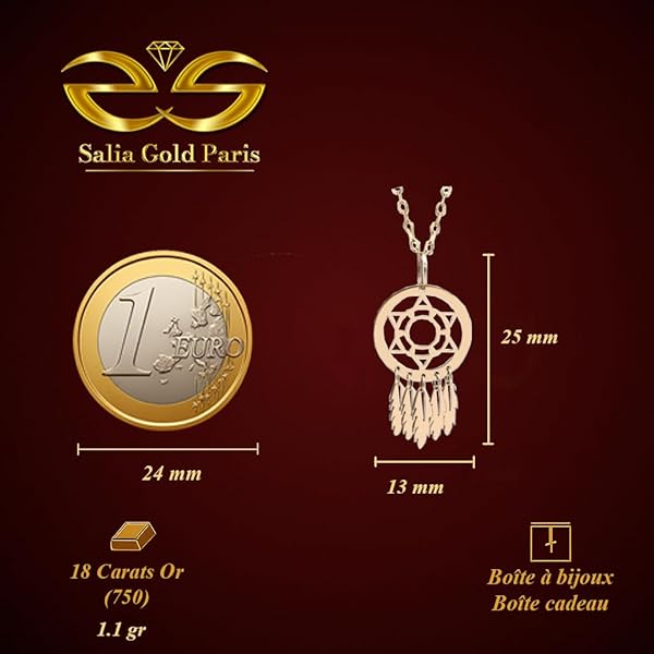 Pendentif – or 18 carats – 1.10 gr – design dream catcher, plumes fines 25 x 13 mm – symbole élégant – Valeur refuge – Idée cadeau – poinçon 750 – Certificat d’authenticité – Salia Gold Paris - Image 4
