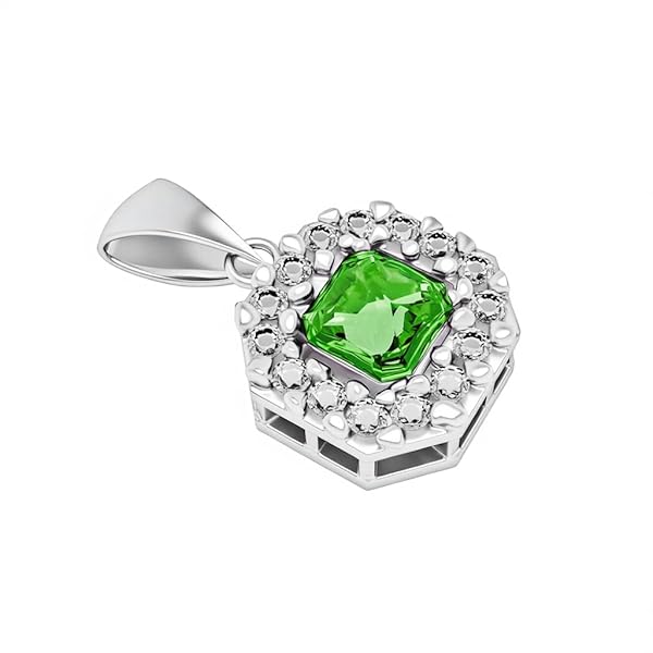 Pendentif – or blanc 18 carats – 0.48 gr – carré avec pierre verte émeraude et halo de pierres blanches – Valeur refuge – Idée cadeau – poinçon 750 – Certificat d’authenticité – Salia Gold Paris
