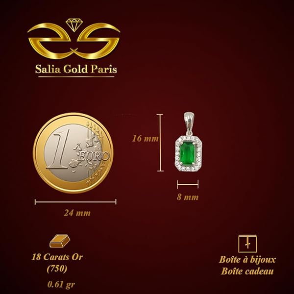 Pendentif – or blanc 18 carats – 0.61 gr – rectangulaire pierre verte taille émeraude et oxyde blanc – Valeur refuge – Idée cadeau – poinçon 750 – Certificat d’authenticité – Salia Gold Paris - Image 3