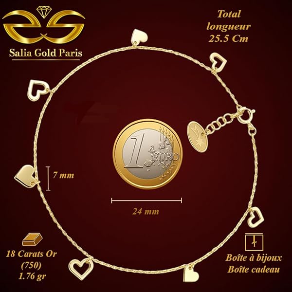 Salia Gold Paris Bracelet cheville – or 18 Carats – 1.76 gr – Pendentifs en forme de cœur variés – Valeur refuge – Idée cadeau – poinçon 750 – Certificat d’authenticité - Image 3