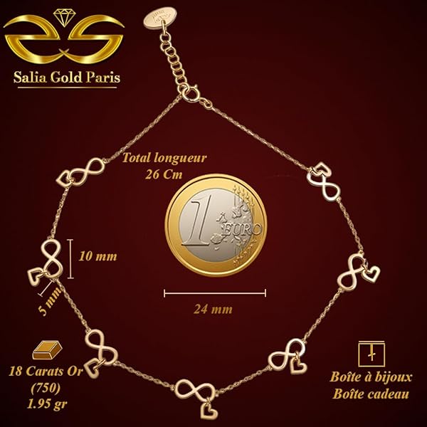 Salia Gold Paris Bracelet cheville – or 18 Carats – 1.95 gr – Pendentifs infini avec de petits cœurs – Valeur refuge – Idée cadeau – poinçon 750 – Certificat d’authenticité - Image 3