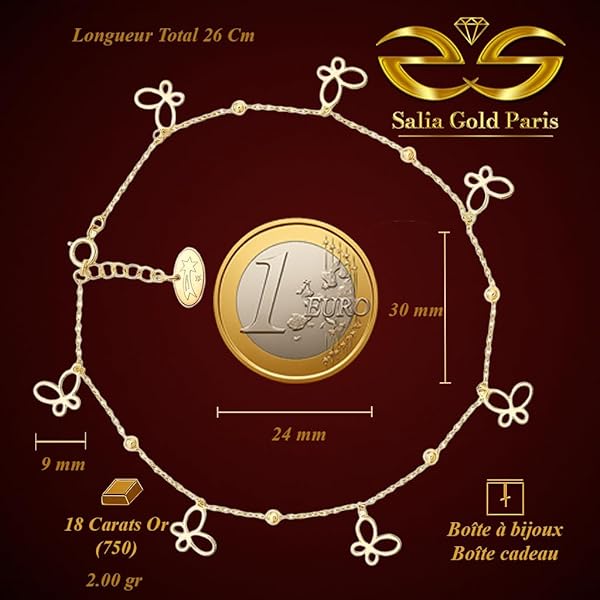 Salia Gold Paris Bracelet cheville – or 18 Carats – 2 gr – Orné de papillons ludiques et de perles dorées – Valeur refuge – Idée cadeau – poinçon 750 – Certificat d’authenticité - Image 4