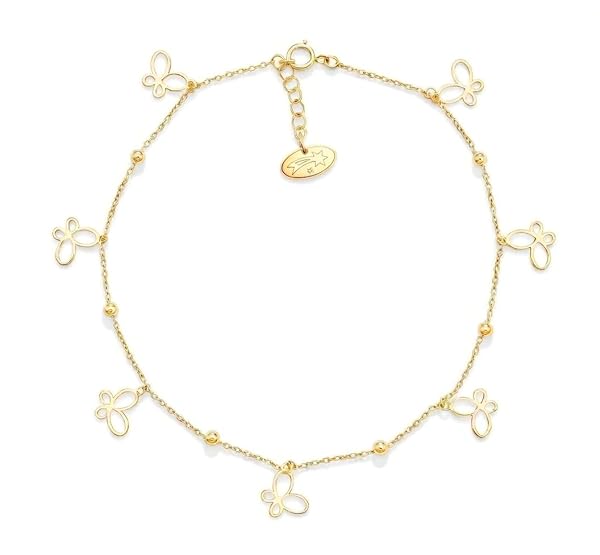 Salia Gold Paris Bracelet cheville – or 18 Carats – 2 gr – Orné de papillons ludiques et de perles dorées – Valeur refuge – Idée cadeau – poinçon 750 – Certificat d’authenticité