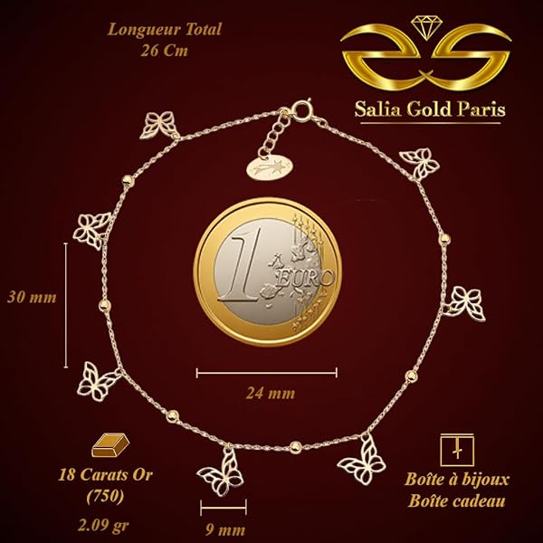 Salia Gold Paris Bracelet cheville – or 18 Carats – 2.09 gr – Orné de papillons en dentelle et de petites perles dorées – Valeur refuge – Idée cadeau – poinçon 750 – Certificat d’authenticité - Image 4