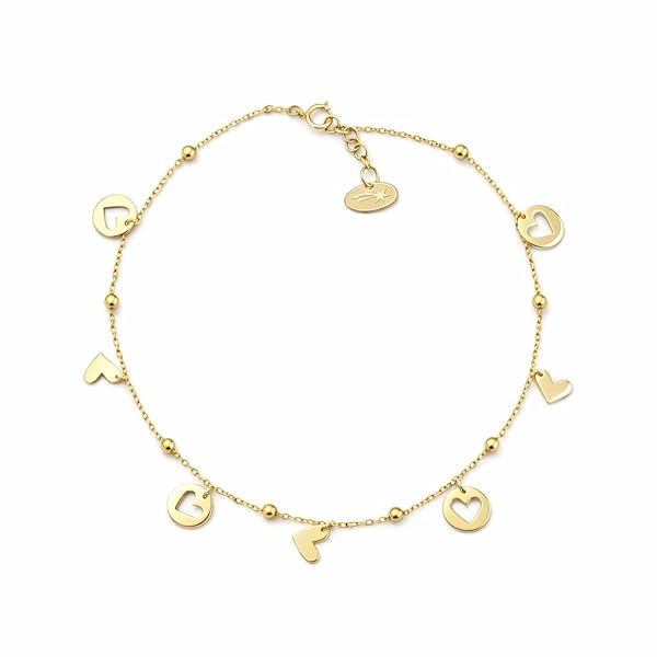 Salia Gold Paris Bracelet cheville – or 18 Carats – 2.65 gr – Orné de cœurs pendants et de perles dorées – Valeur refuge – Idée cadeau – poinçon 750 – Certificat d’authenticité