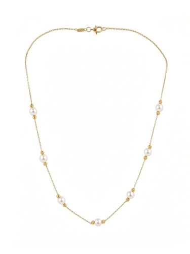 18K Gold Necklace — White Pearls and Faceted Beads