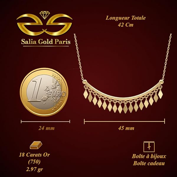 Salia Gold Paris Collier – or 18 Carats – 2.97 gr – Croissant doré orné de petits losanges scintillants – Valeur refuge – Idée cadeau – poinçon 750 – Certificat d’authenticité - Image 4
