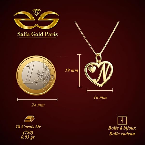 Salia Gold Paris Pendentif – or 18 carats – 0.83 gr – Lettre N dans un cœur, petit cœur suspendu – Valeur refuge – Idée cadeau – poinçon 750 – Certificat d’authenticité - Image 3