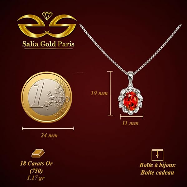 Salia Gold Paris Pendentif – or blanc 18 Carats – 1.17 gr – Ovale en zirconium orange, petites feuilles en or blanc – Valeur refuge – Idée cadeau – certificat d’authenticité - Image 4