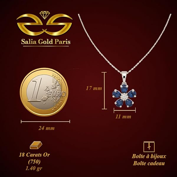 Salia Gold Paris Pendentif – or blanc 18 Carats – 1.40 gr – En forme de fleur délicatement serti de zirconiums bleu nuit – Valeur refuge – Idée cadeau – poinçon 750 – Certificat d’authenticité - Image 4